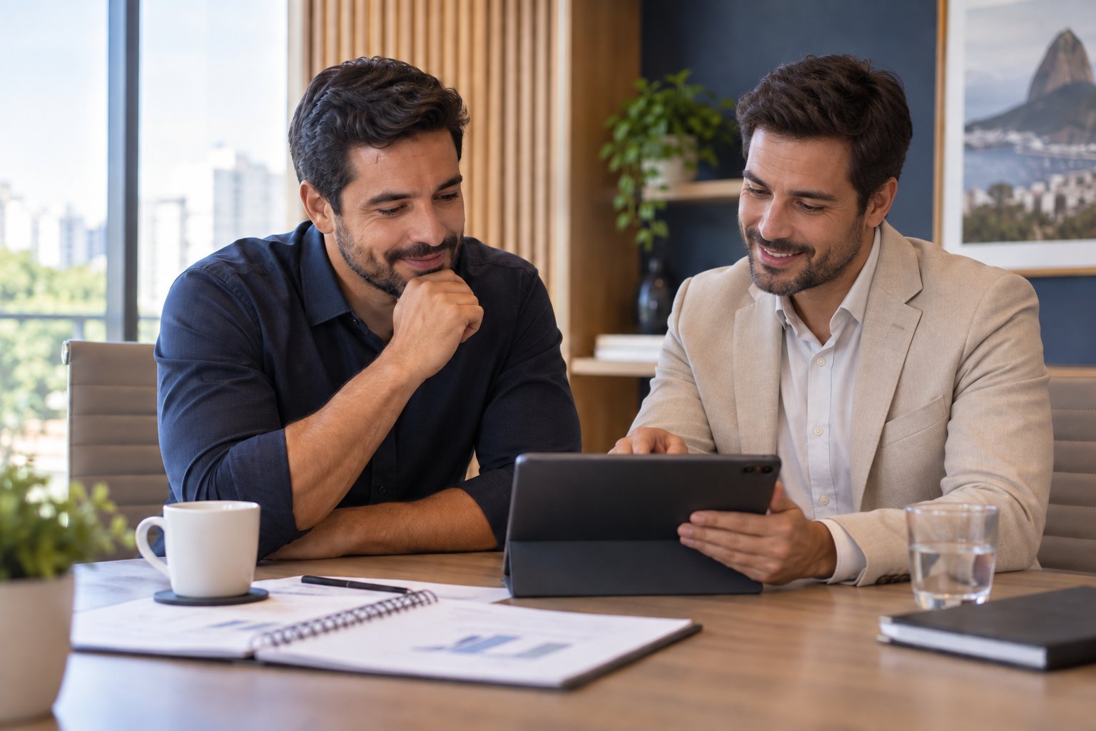 Investidor analisando uma proposta de consórcio com um consultor